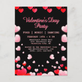 赤いハートとピンクのハート バレンタイン パーティー 食べ物 音楽 ダンス シーズンポストカード (正面)