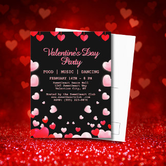 赤いハートとピンクのハート バレンタイン パーティー 食べ物 音楽 ダンス シーズンポストカード