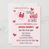 赤いハートとピンクのフクロウのベビーシャワー Guess Whoo is Due 招待状 (正面)