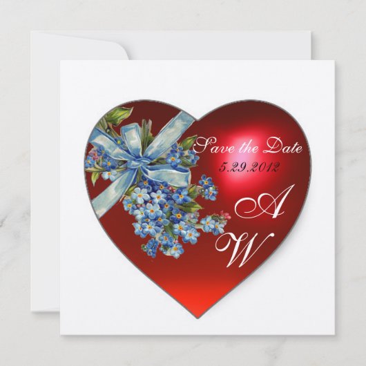 赤いハートとワスレナグサのモノグラム 白いシャンパン 招待状 (正面)