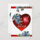 赤いハートとワスレナグサのモノグラム 青と白 招待状 (正面/裏面)