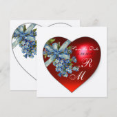 赤いハートとワスレナグサのモノグラム 青と金 招待状 (正面/裏面)