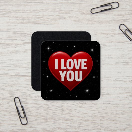赤いハートと白い"I LOVE YOU"タイポグラフィのコースト スクエア名刺 (正面/裏面インサイチュ)