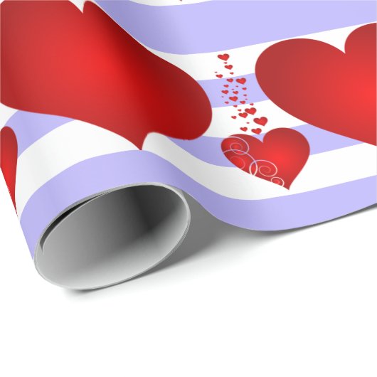 赤いハートと紫と白ストライプ色 ラッピングペーパー (ロールコーナー)