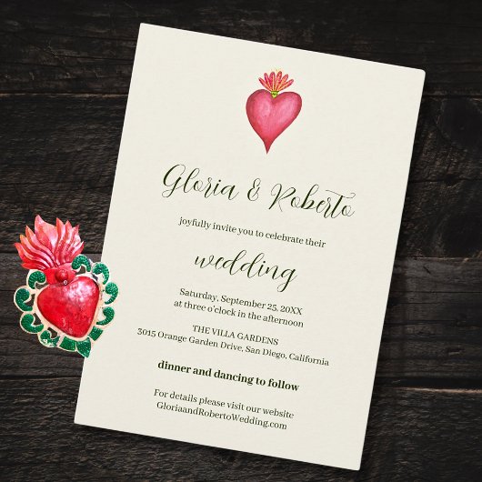 赤いハートと花メキシ結婚カン 招待状