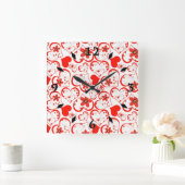 赤いハートと花 スクエア壁時計 (ホーム)