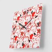 赤いハートと花 スクエア壁時計 (傾斜)