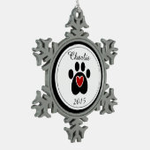 赤いハートと足の跡 スノーフレークピューターオーナメント (左)