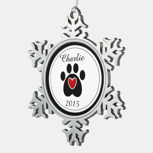 赤いハートと足の跡 スノーフレークピューターオーナメント (右)