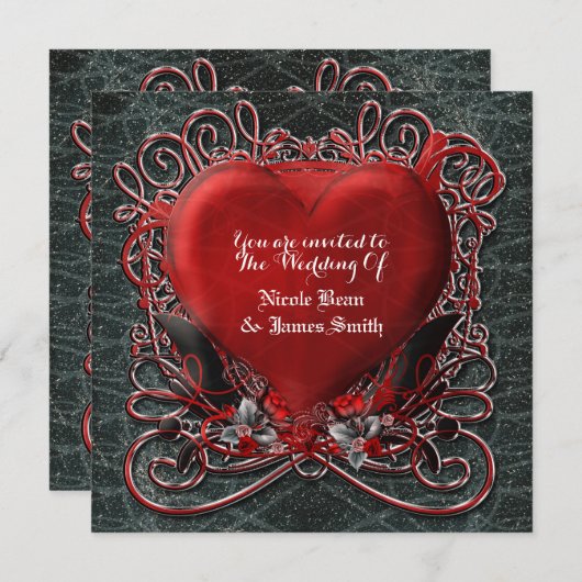 赤いハートのゴシックバレンタイン結婚式招待状 招待状 (正面/裏面)