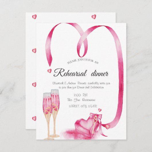 赤いハートのシャンパングラス リハーサルディナー 招待状 (正面/裏面)
