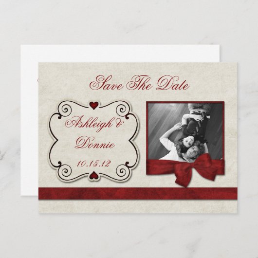 赤いハートのスクロール写真の保存日付 案内ポストカード (正面/裏面)