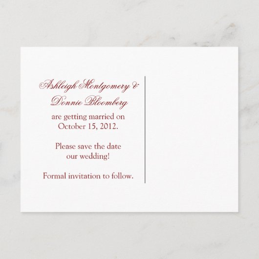 赤いハートのスクロール写真の保存日付 案内ポストカード (裏面)