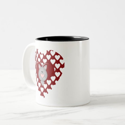 赤いハートのバレンタインのTシャツおよびギフトの猫 ツートーンマグカップ (正面左)
