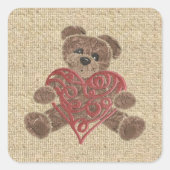 赤いハートのバーラップのテディー・ベアのステッカー スクエアシール (正面)