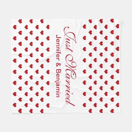 赤いハートのパーソナライズな名前のたった今結婚しましたの結婚式 フリースブランケット (正面(横))