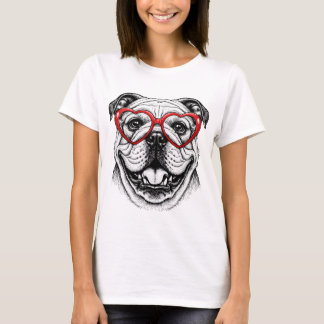 赤いハートのメガネをかけたかわいいブルドッグ - ラブドッグ Tシャツ