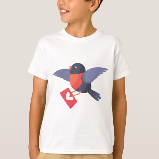赤いハートのラブレターを運ぶ飛翔するコマドリの鳥 Tシャツ (正面)