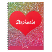 赤いハートのローズゴールドグリッター バレンタインデーの名前 ノートブック (正面)