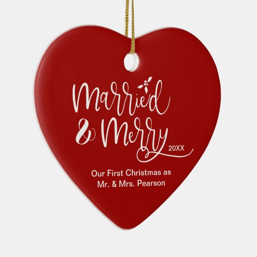 赤いハートの初めてのクリスマス結婚したメリー写真 セラミックオーナメント (右)