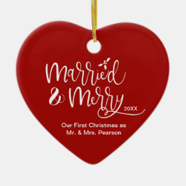 赤いハートの初めてのクリスマス結婚したメリー写真 セラミックオーナメント
