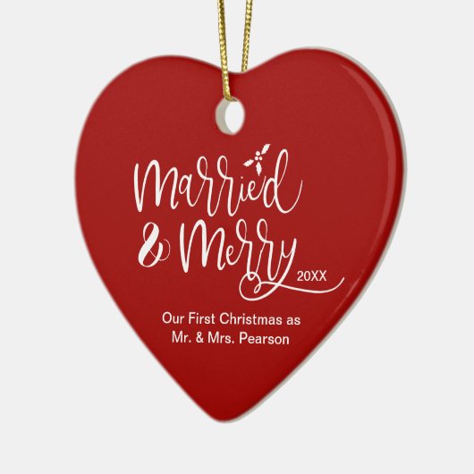 赤いハートの初めてのクリスマス結婚したメリー写真 セラミックオーナメント (左)