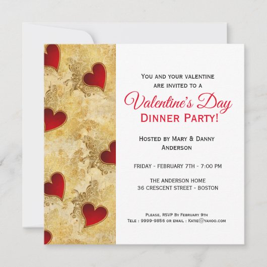 赤いハートの夕食のバレンタインデーの招待状 招待状 (正面)