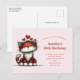 赤いハートの子猫の誕生日 インビテーションポストカード