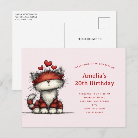 赤いハートの子猫の誕生日 インビテーションポストカード (正面/裏面)