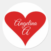 赤いハートの愛 バレンタインデーの名前とイニシャル ラウンドシール (正面)