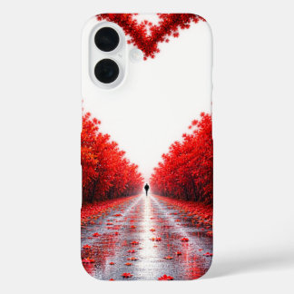 赤いハートの森の道 - 秋の愛の自然デザイン iPhone 16ケース