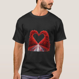 赤いハートの森の道 - 秋の愛の自然デザイン Tシャツ