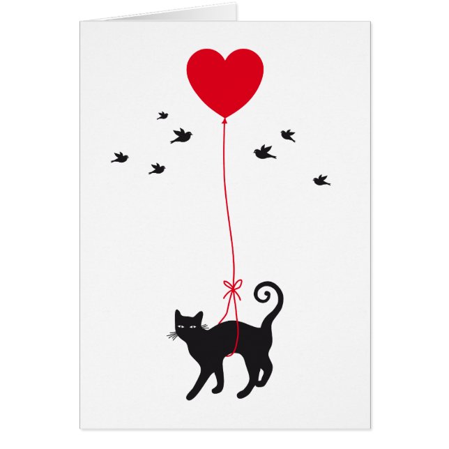 赤いハートの気球および鳥との猫の飛行 (正面)