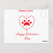 赤いハートの犬 猫の足跡 ハッピー バレンタインデー ネーム ポストカード (裏面)