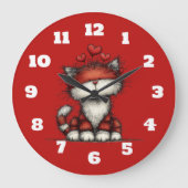 赤いハートの猫 かわいい楽しい ラージ壁時計 (正面)