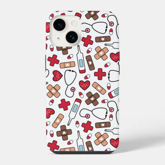 赤いハートの看護師ドクターパターン iPhoneケース (裏面)