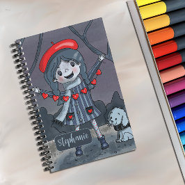 赤いハートの花冠を描いたスケッチブックの少女  ノートブック