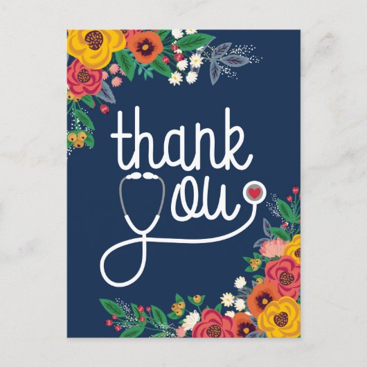 赤いハートの花柄聴診器 看護師 医師 ポストカード (正面)