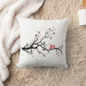 赤いハートの葉が付いているツリーブランチのキスをするな鳥 クッション (ブランケット)