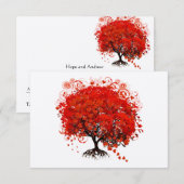 赤いハートの葉の付いた木の囲いカード 出欠カード (正面/裏面)