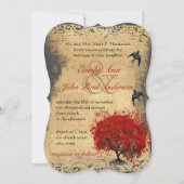 赤いハートの葉の木のヴィンテージ結婚の鳥 招待状 (裏面)