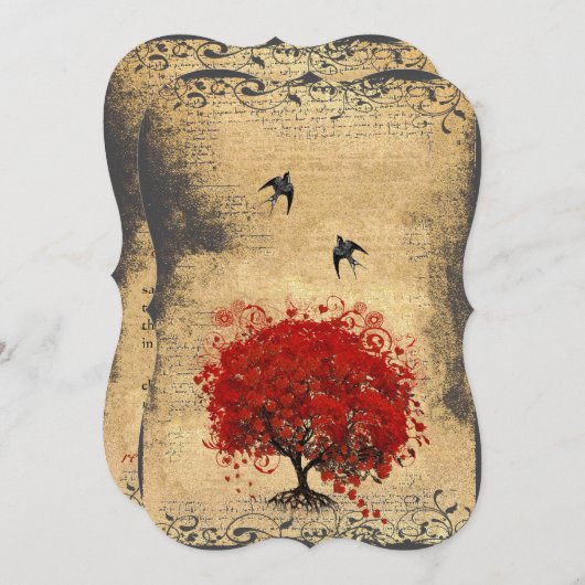 赤いハートの葉の木のヴィンテージ結婚の鳥 招待状 (正面/裏面)