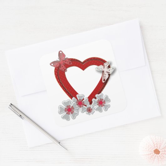 赤いハートの蝶の花バレンタインデーの愛私たち スクエアシール (封筒)