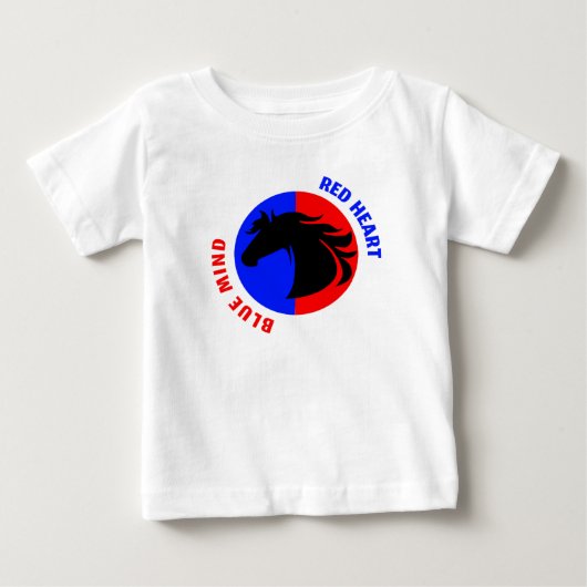 赤いハートの青い心の赤ちゃんボディスーツ ベビーTシャツ (正面)