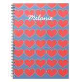 赤いハートの青のパターンパーソナライズされた ノートブック (正面)