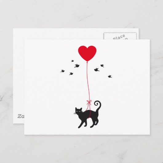 赤いハートの風船と鳥と一緒に飛ぶ猫 ポストカード (正面/裏面)