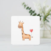 赤いハートの風船を持つかわいい赤ちゃんキリン 招待状 (スタンド正面)