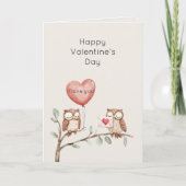 赤いハートの風船フクロウの木 バレンタインデー カード (正面)