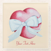 赤いハートは白いリボンのロマンチックで結ばれる ガラスコースター (正面)