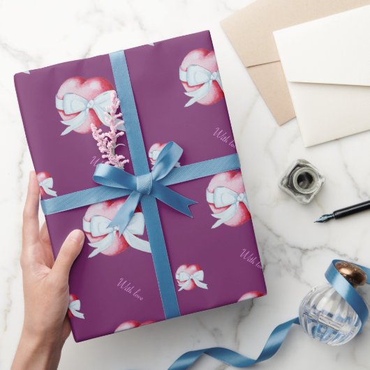 赤いハートは白いリボンのロマンチックで結ばれる ラッピングペーパー (ギフト)